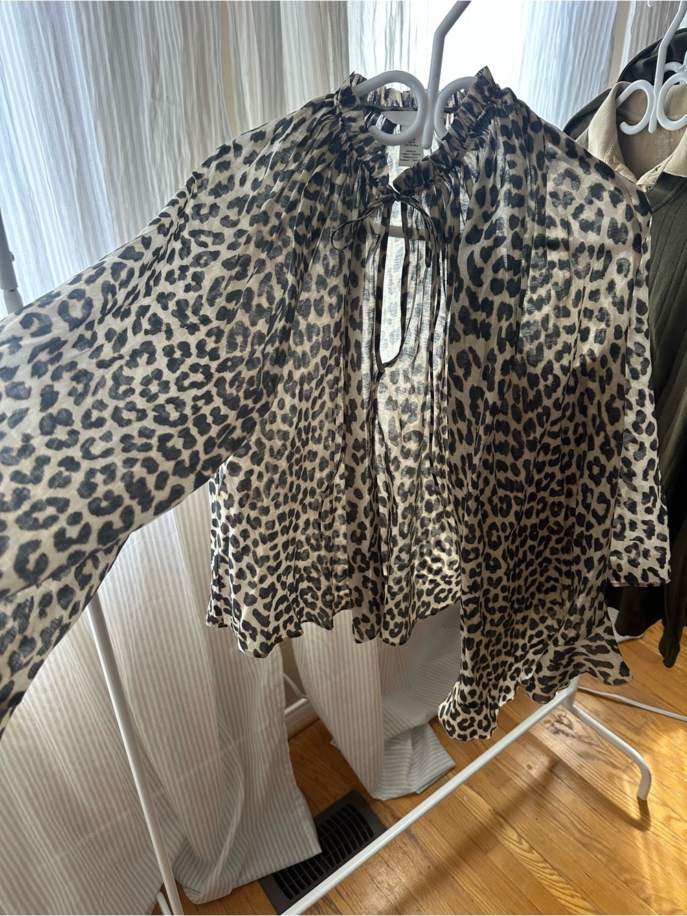 Leopard Print Sheer Tie-Neck Blouse - Beige/Black NEVER WORN